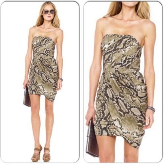 Michael Kors Khaki Cream Strapless Dress Snake print Chiffon Drape - Picture 1 of 16